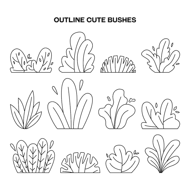 Set of hand drawn cute doodle bush, grass in outline style