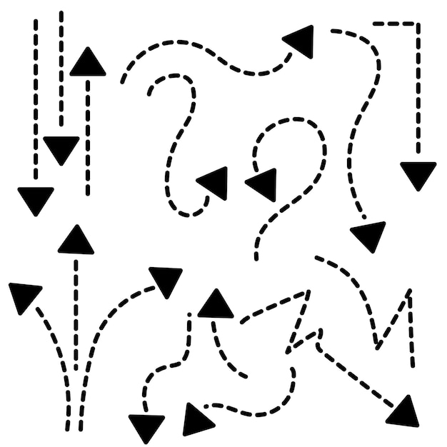 Vettore insieme delle frecce tratteggiate disegnate a mano