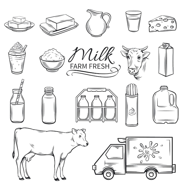 Vector set hand drawn decorative milk icons