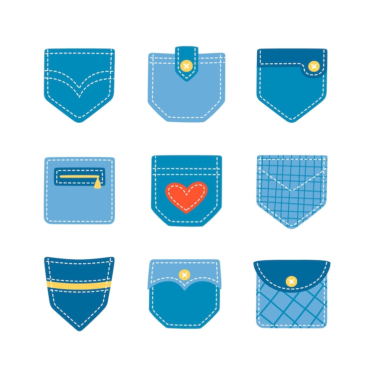 Vector set of hand drawn denim patch pockets for pants and other clothing
