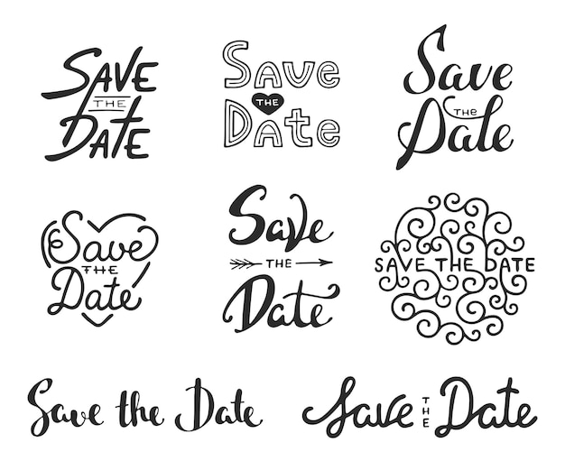 Set of hand drawn design. Save the date calligraphy phrases. Unique lettering.