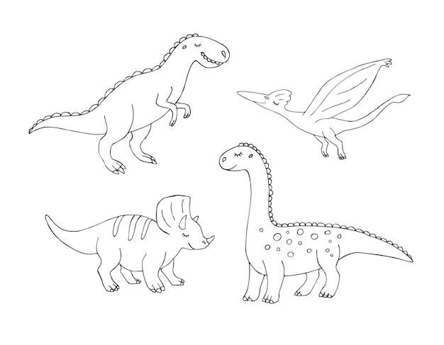 Set of hand drawn different dinosaur