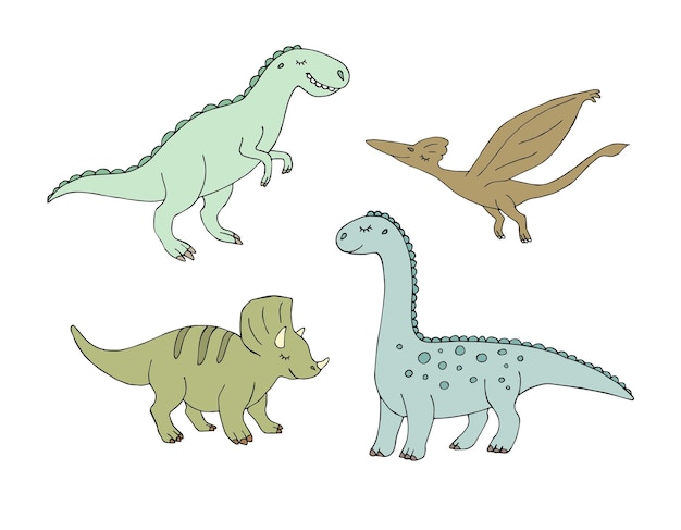 Набор рисованных разных динозавров