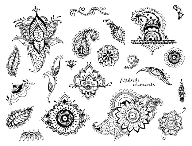 Set of hand drawn different mehndi elements. Stylized flowers, leaves, indian paisley collection.