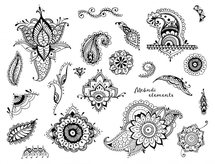 Vector set of hand drawn different mehndi elements. stylized flowers, leaves, indian paisley collection.