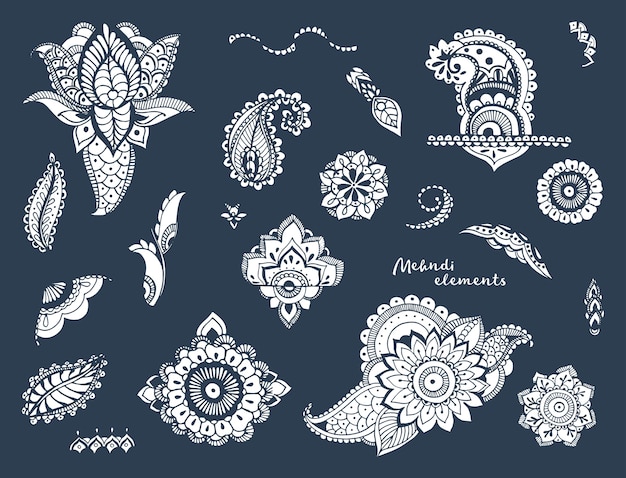 Vector set of hand drawn different mehndi elements