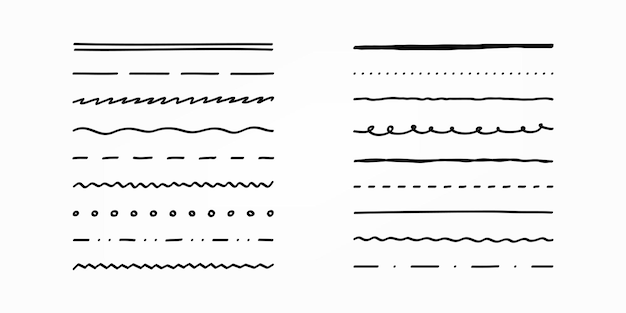 Vettore insieme delle linee dirette disegnate a mano nell'illustrazione di stili differenti