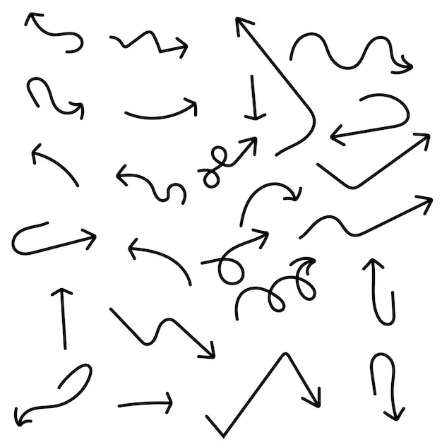 set of hand drawn doodle arrow icons in line style arrows icon in different shapes