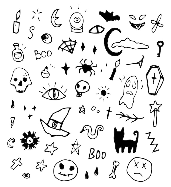 Vettore set di icone di halloween doodle disegnato a mano elementi in bianco e nero