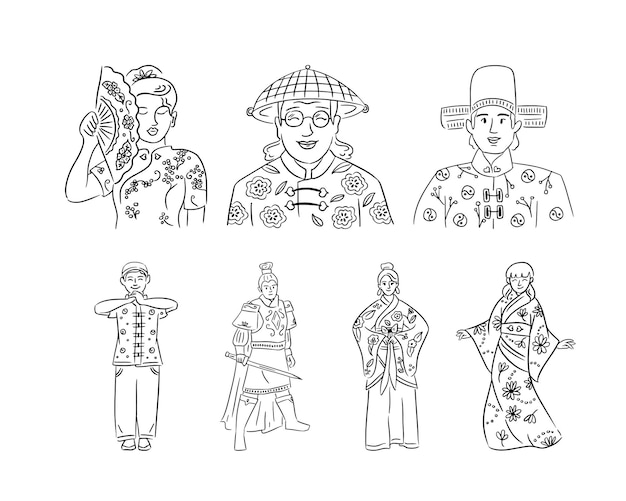 手描き落書き韓国の伝統衣装ベクトル図のセット