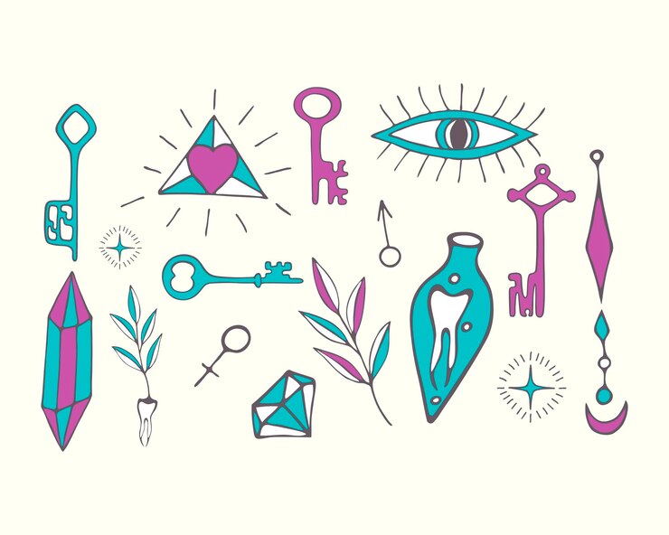 Vector set of hand drawn doodle magic tarot elements of magic symbols of witchcraft
