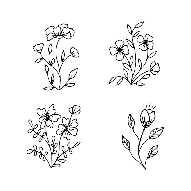 Set of hand drawn doodle plant elements for floral design concept