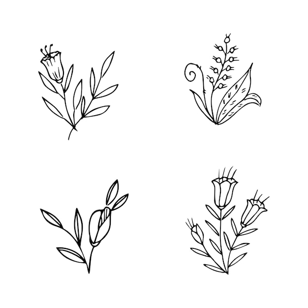 Set of hand drawn doodle plant elements for floral design concept