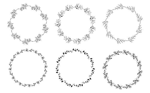 Set of hand drawn doodle round floral wreaths frames. Flower line and leaf circle frames design elements for wedding, mothers day, birthday, invitations.