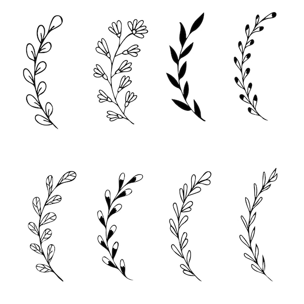Set di rami di albero doodle disegnato a mano con foglie su sfondo bianco