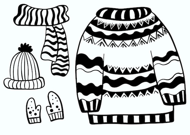 Set of hand drawn doodles Winter knitted clothes Christmas sweater hat scarf and gloves