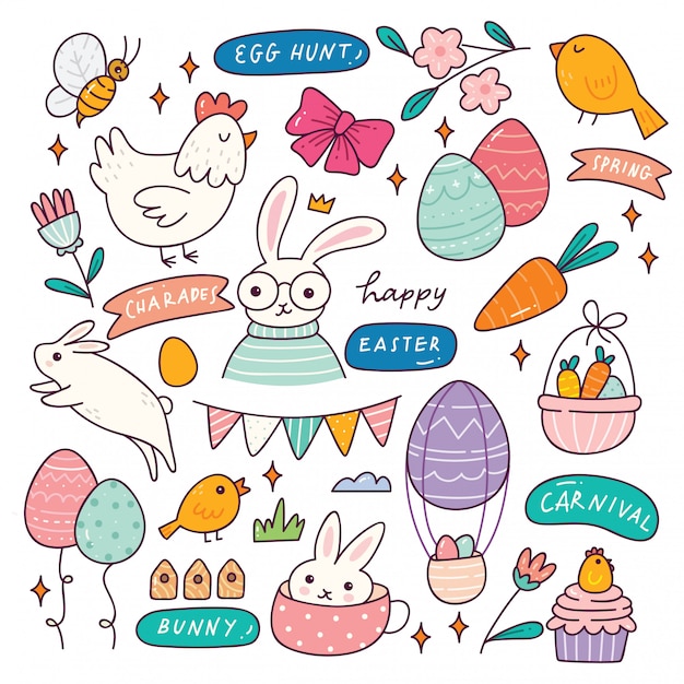 Insieme di doodle disegnato a mano di pasqua