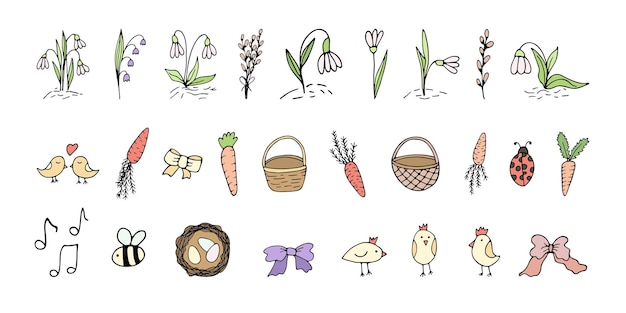 Impostare clipart primaverili di pasqua disegnate a mano con fiori carota uccello illustrazioni vettoriali doodle a colori