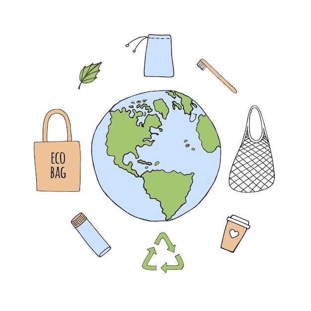 Set di accessori ecologici zero rifiuti disegnati a mano