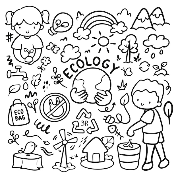 Vector set of hand drawn ecology doodles