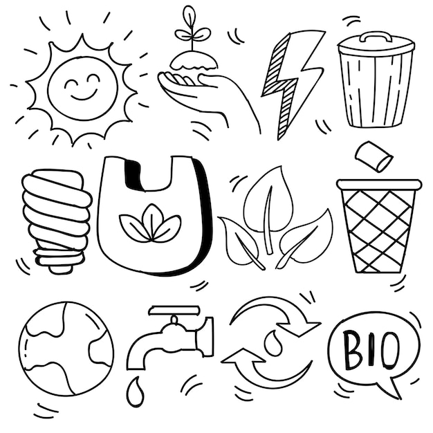 Set of hand drawn ecology, ecology problem and green energy icons in doodle style, vector illustration