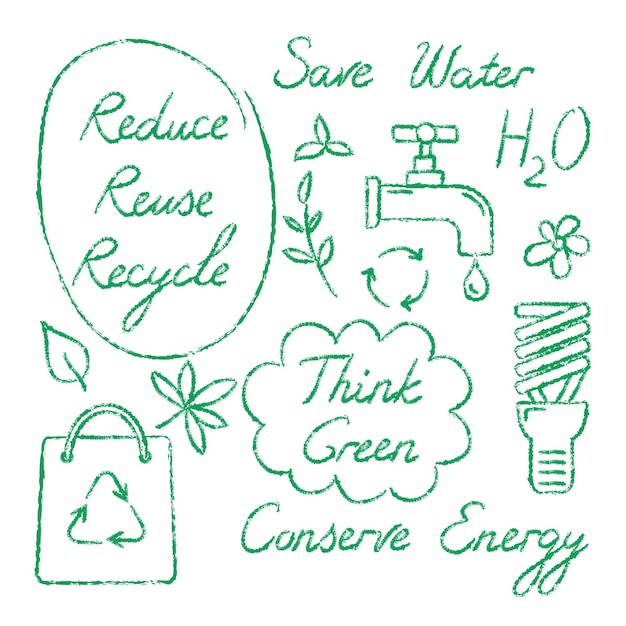 Set of hand drawn ecology symbols and lettering