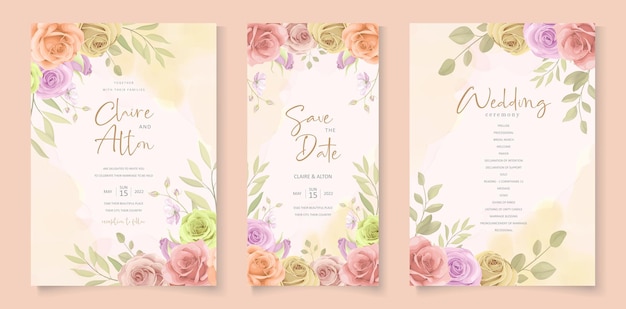 Set of hand drawn elegant floral wedding card template