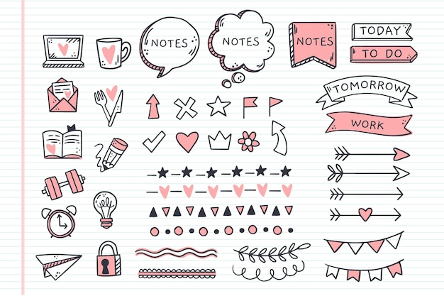Vector set of hand drawn elements for bullet journals