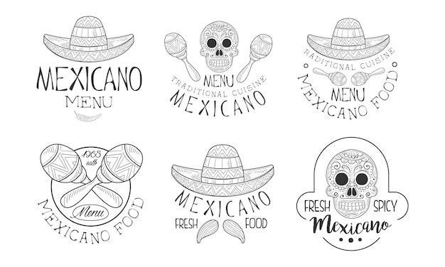 Set of hand drawn emblems for Mexican restaurant Logo templates with sombrero hats and mustache skulls and maracas Fresh and spicy food Decorative graphic elements for menu Isolated vector icons