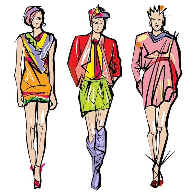 Vector set of hand-drawn fashion models