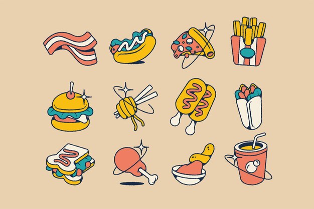 Set di illustrazioni di fast food disegnate a mano.