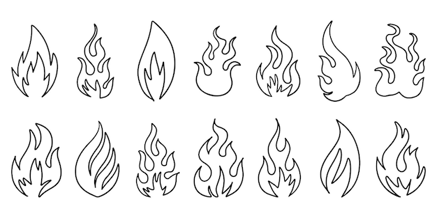 Vector set of hand drawn fire and fireball isolated on white background. doodle vector illustration.