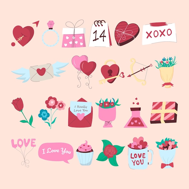 set of hand drawn flat valentines day elements collection