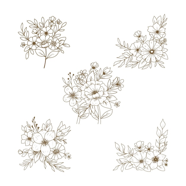 Vector a set of hand drawn floral arrangements outline flowers and leaves bouquet