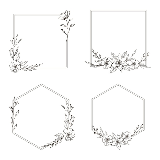 A set of Hand drawn floral frame simple minimalist with organic leaves and flower