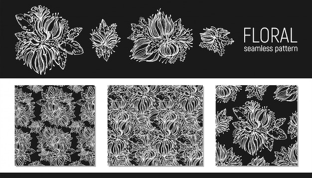 Set of hand drawn floral seamless pattern