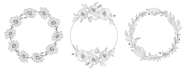 Vector set of hand drawn flower wreath vector floral frame in doodle style wedding flourish frame