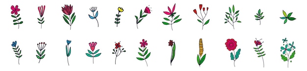 Set di fiori disegnati a mano in stile doodle