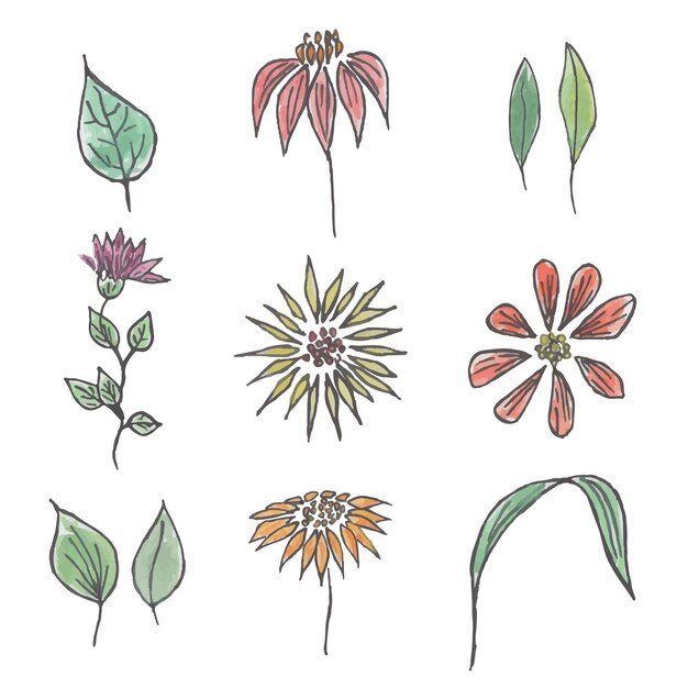 Vector set of hand drawn flowers watercolor and liner