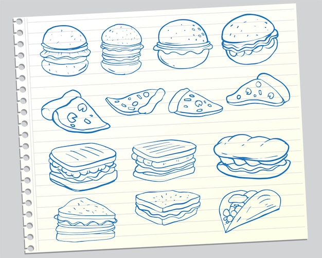 Set of hand drawn food isolated on white background, doodle set of fast food. vector illustration