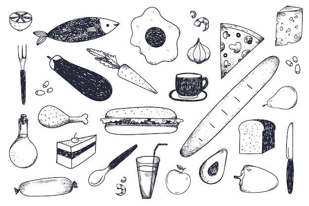 Set of hand drawn food .