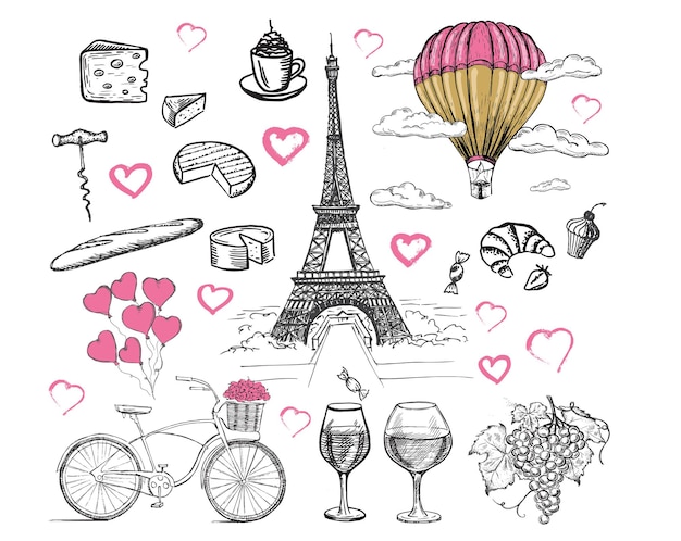 Vector set of hand drawn french icons paris sketch illustration