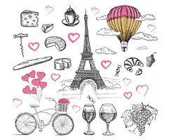 Set of hand drawn french icons paris sketch illustration