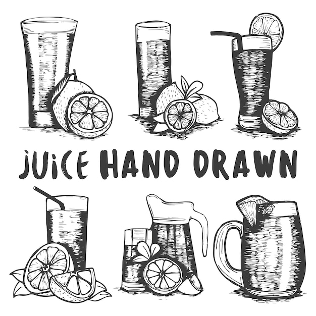 Vector set of hand drawn fruit juice glass sketch.