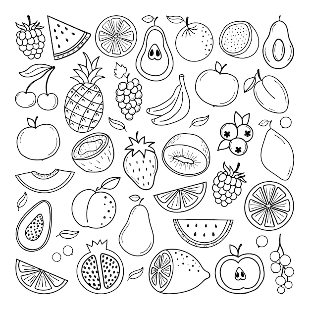 Set of hand drawn fruits and berries doodle.