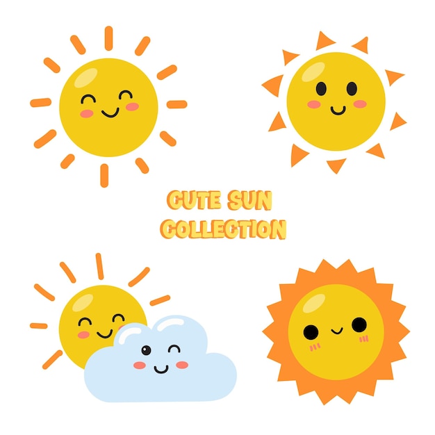 Set of hand drawn funny cute sun icon illustration, Cartoon sunny smiling faces icons, Bright yellow