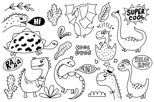 Set of hand drawn funny dinosaurs.