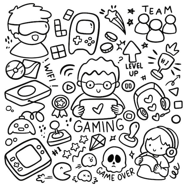 Set of hand drawn gamer gadget doodle isolated on white