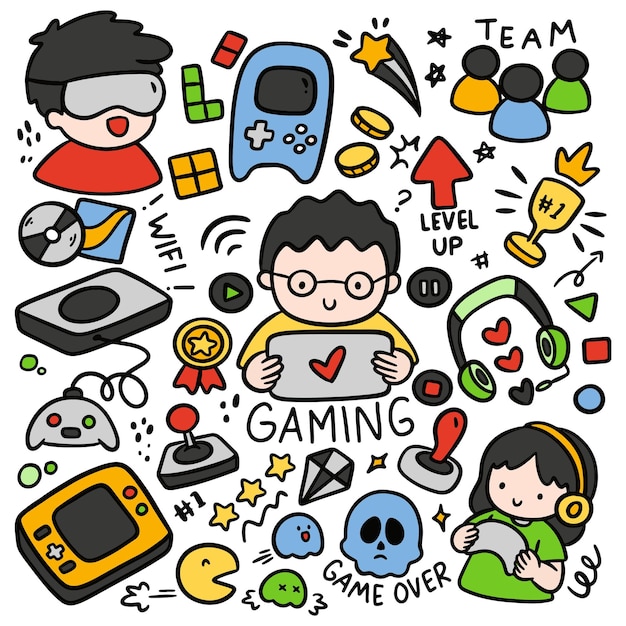 Premium Vector  Doodle gamer set illustration