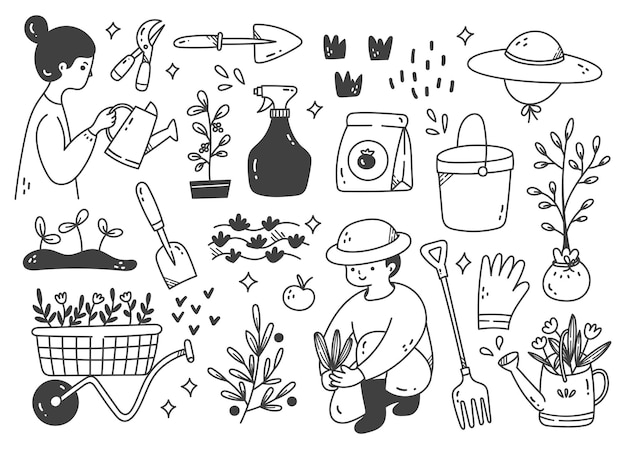 Set di clipart vettoriali di doodle di giardinaggio disegnati a mano